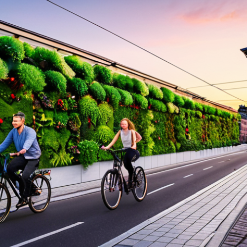 **Image Prompt:** A vibrant, modern cityscape at dusk, showcasing a blend of green infrastructure (vertical gardens, rooftop solar panels) and smart technologies (smart streetlights, electric vehicle charging stations). In the foreground, people are cycling and using public transportation. The overall feel should be optimistic and sustainable. Focus on Stockholm or another major Swedish city.